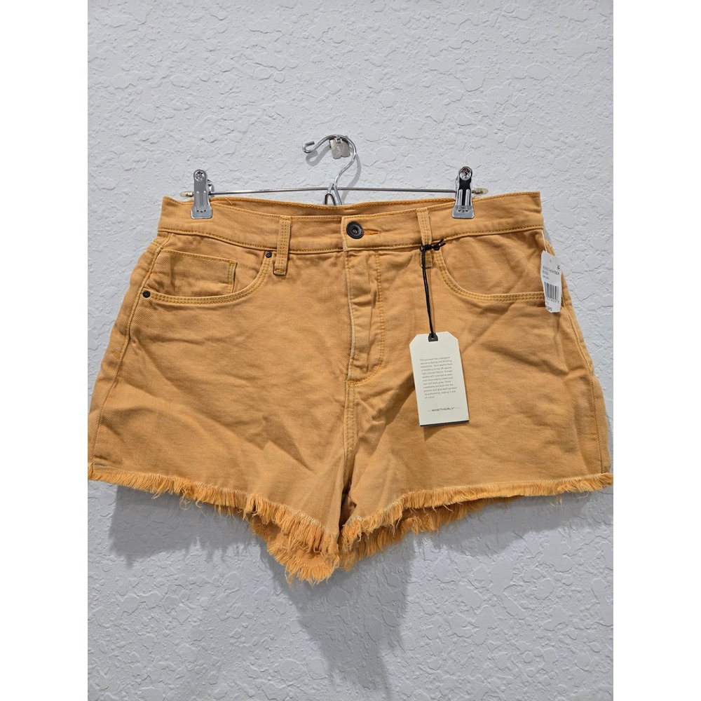 WHETHERLY Womens Mustard Yellow Denim High Rise Frayed Hem Shorts Size 30